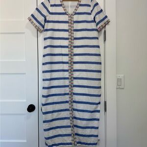 Vilagallo Blue and White Striped Maxi Dress with Colorful Trim